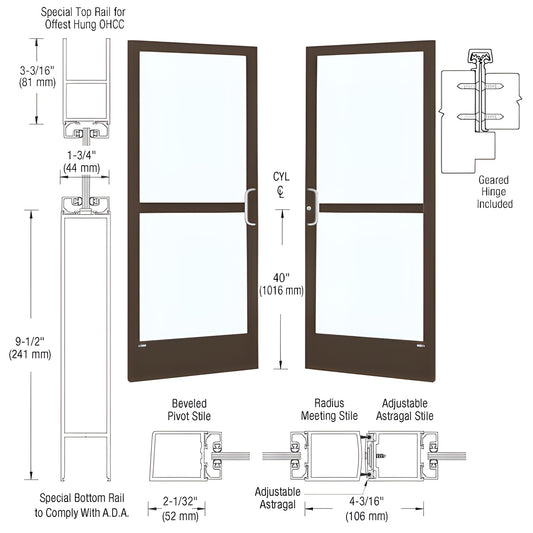 CZ22922 CRL narrow-stile commercial entrance door, black bronze anodized, dual glass panels, ADA 91 2" bottom rail.
