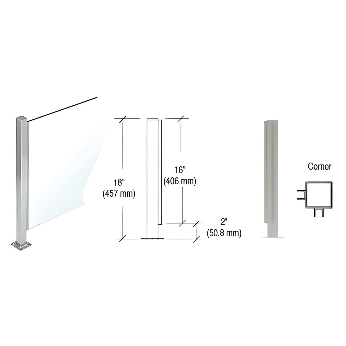 PP47LBS: brushed stainless 90 corner glass divider post, 18" H, 1.5" square tube, full-length U-channel for 1/4" glass, weld