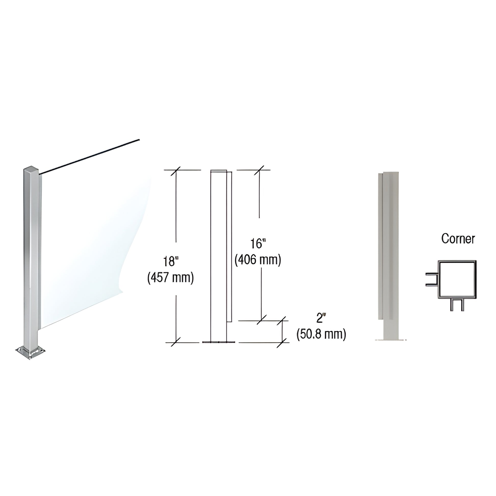 PP47LBS: brushed stainless 90 corner glass divider post, 18" H, 1.5" square tube, full-length U-channel for 1/4" glass, weld