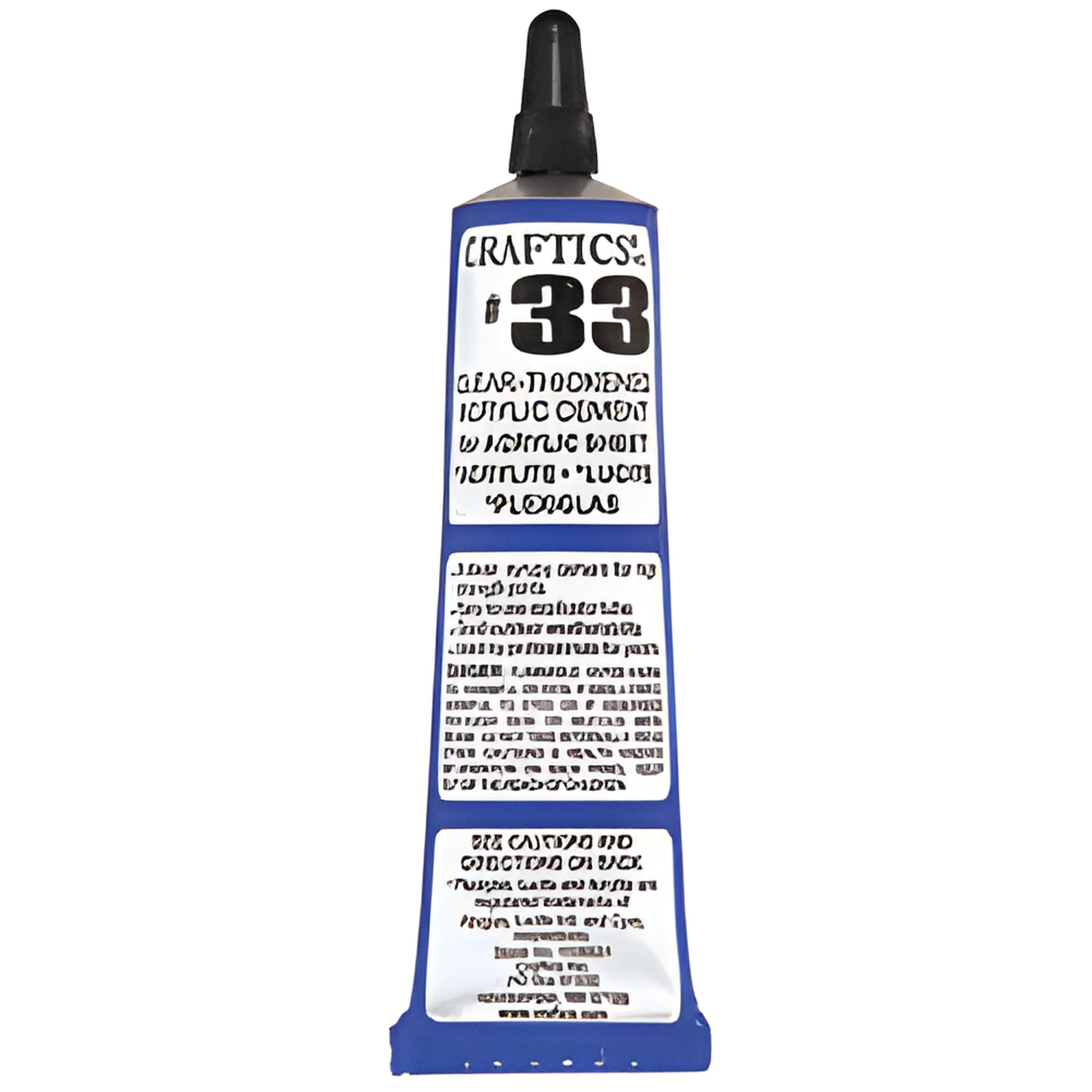 Tube of Craftics #33 clear acrylic cement, 1.5 oz, blue/white squeeze tube with black cap.