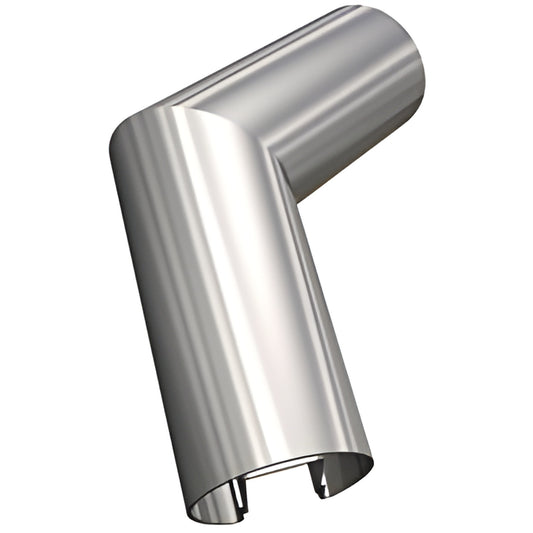 Stainless steel vertical corner cap for 3/4 glass cap railing (GR07CVC), polished finish, custom compound angle.
