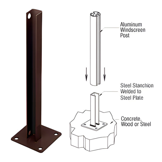 PSB2CBRZ matte bronze welded steel stanchion with 6x6 in base plate, 30in height, 90 post mount for concrete/steel.