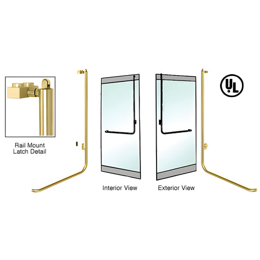 Polished brass PA100D3RKPB rail-mount panic handle for 1/2 in glass doors, 1-1/4 in tube, interior/exterior views