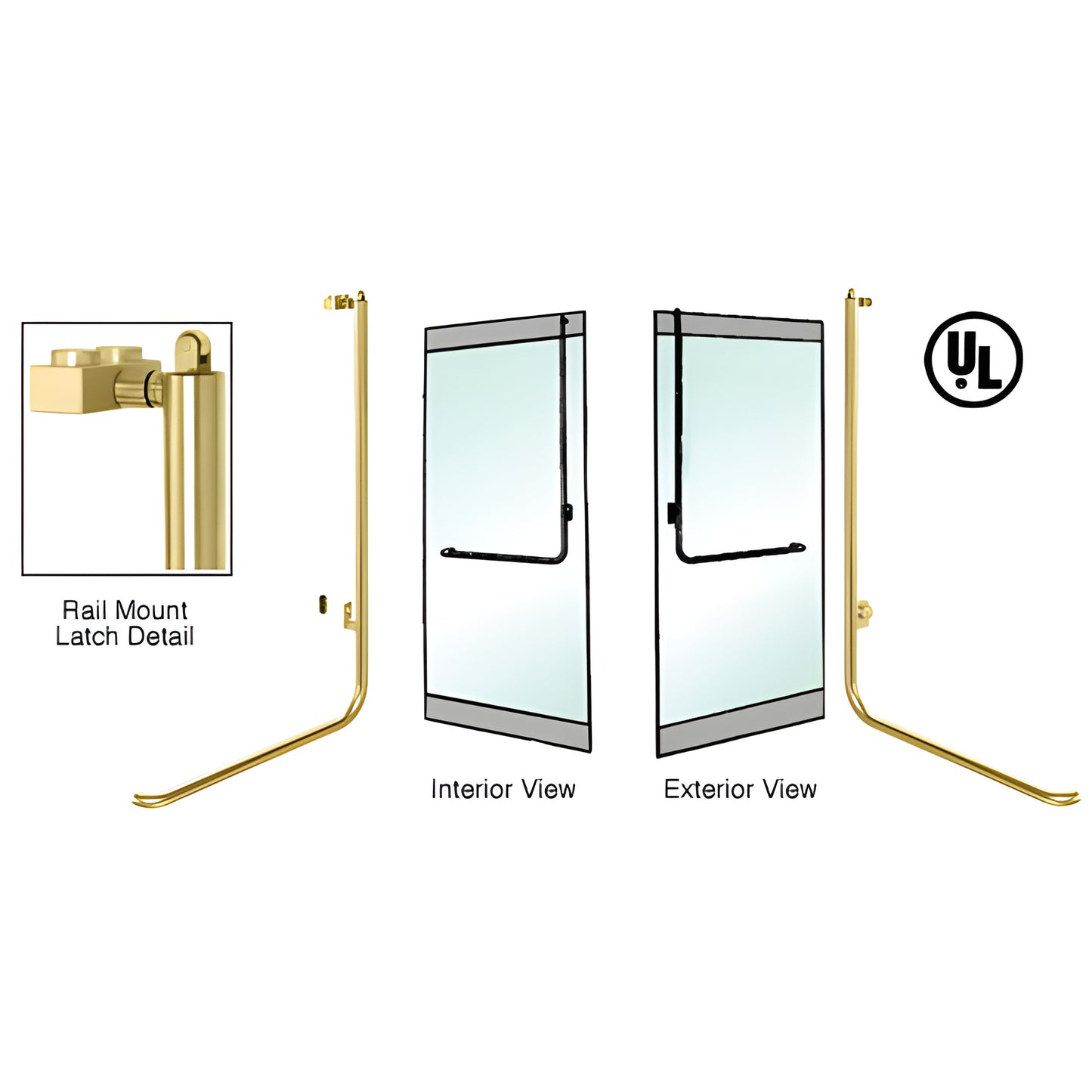 PA100D3RKSB satin brass PA100 Series tubular panic handle for tempered glass doors, rail-mount, right-hand reverse.