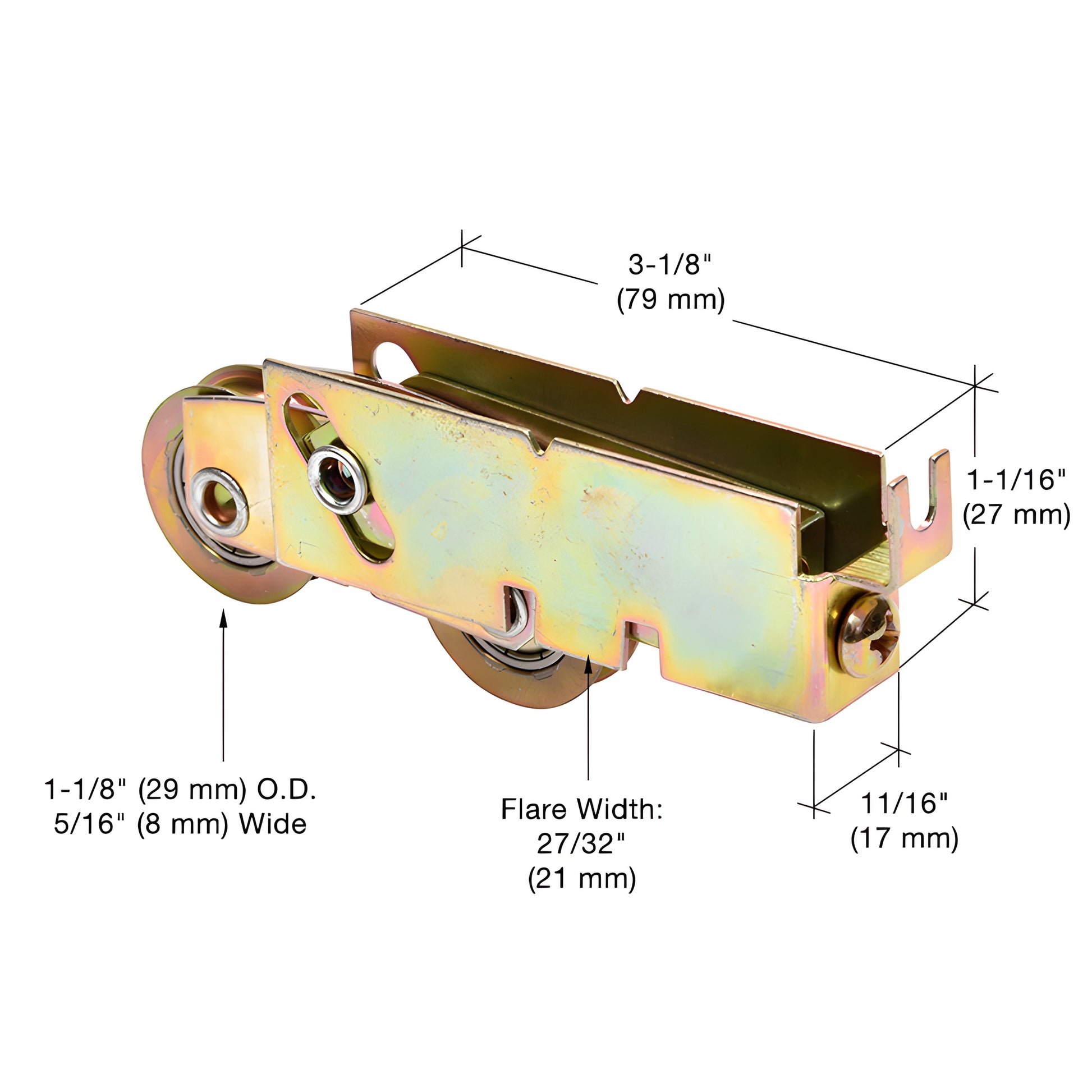 CRL D1551B tandem steel sliding glass door roller assembly with adjustable concave 1-1/8" rollers, 3-1/8" housing.