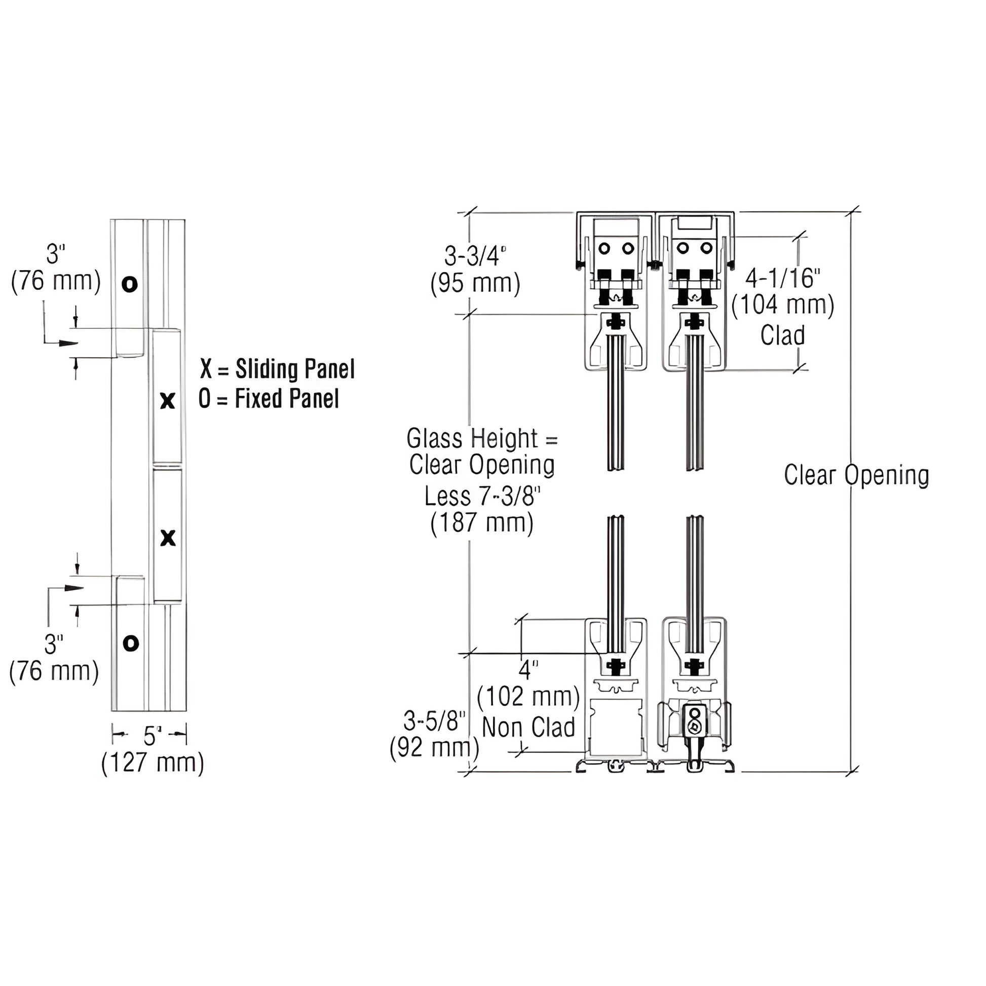 CAD drawing of CRL SDR bottom-rolling sliding glass door system SKU 4SDR4FDU, 4-inch square rails, OXXO 4-panel layout