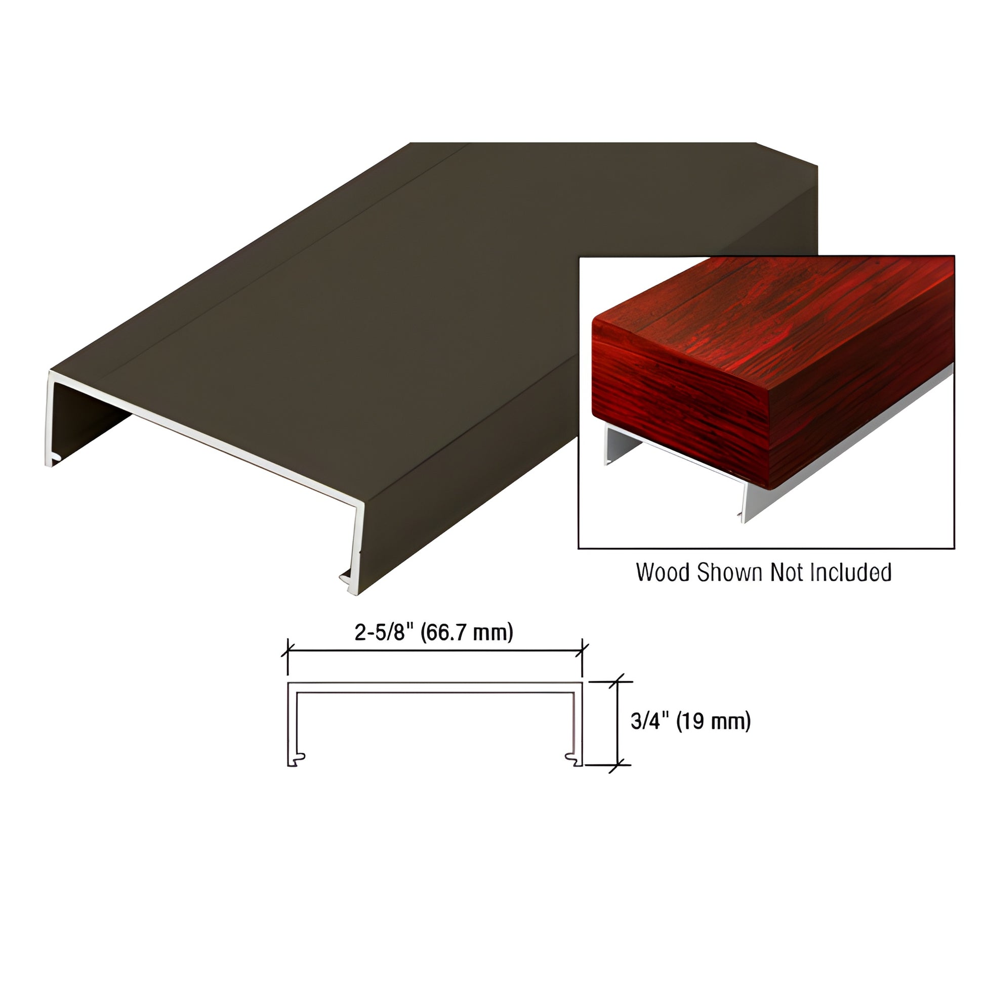 Matte bronze aluminum wood-top rail, 20'-1" (6121 mm) stock, 2-5/8" x 3/4" profile - wood not included.