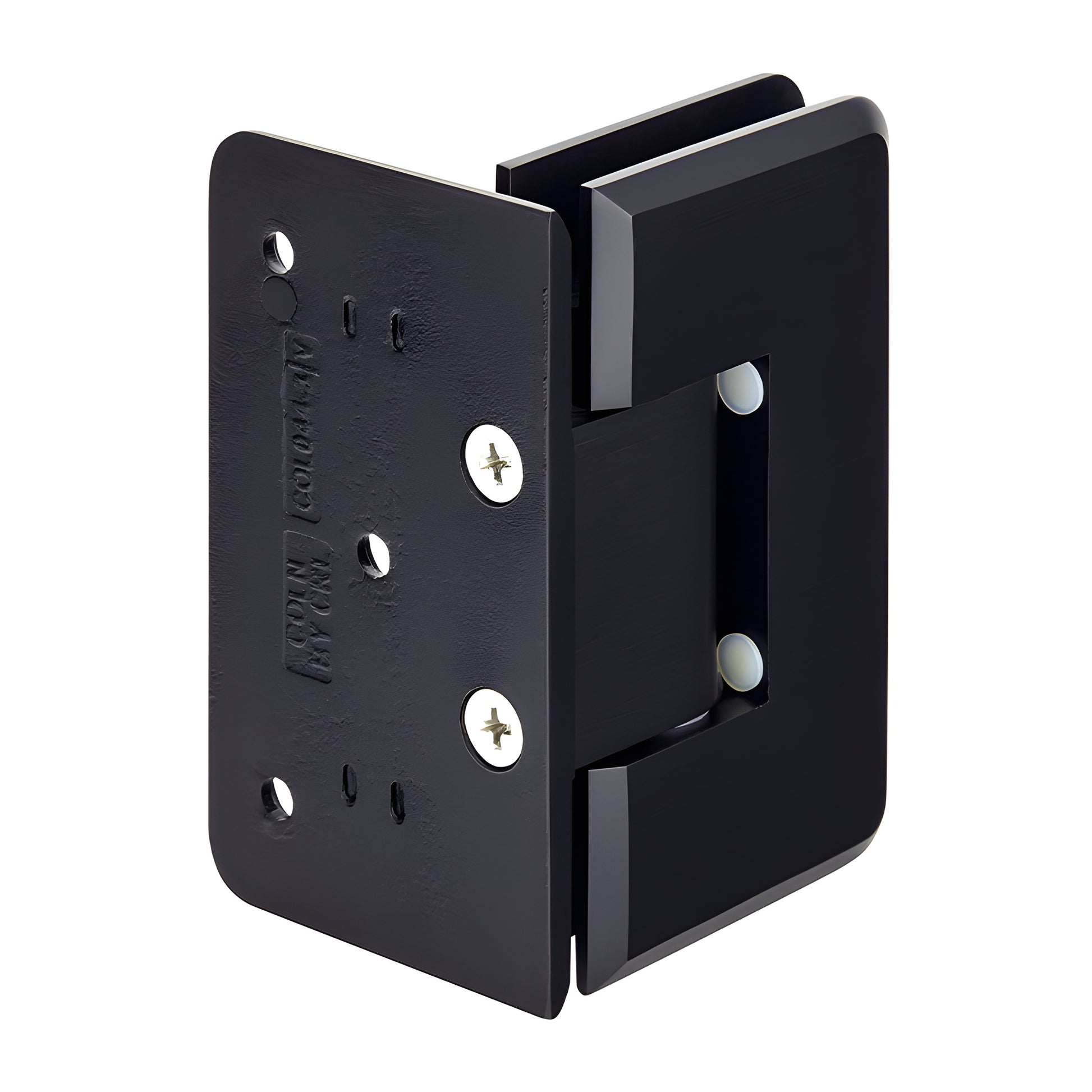 Matte black brass Cologne shower door hinge for 3/8-1/2 tempered glass, wall-mount offset - SKU C0L044MBL