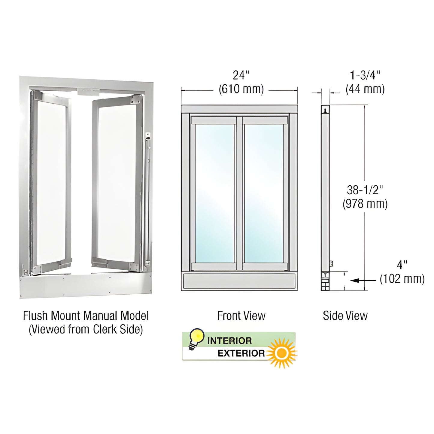 CRL BFW1A aluminum bi-fold service window, satin anodized flush-mount manual model, 24" 38-1/2" with 1/4" clear tempered glas