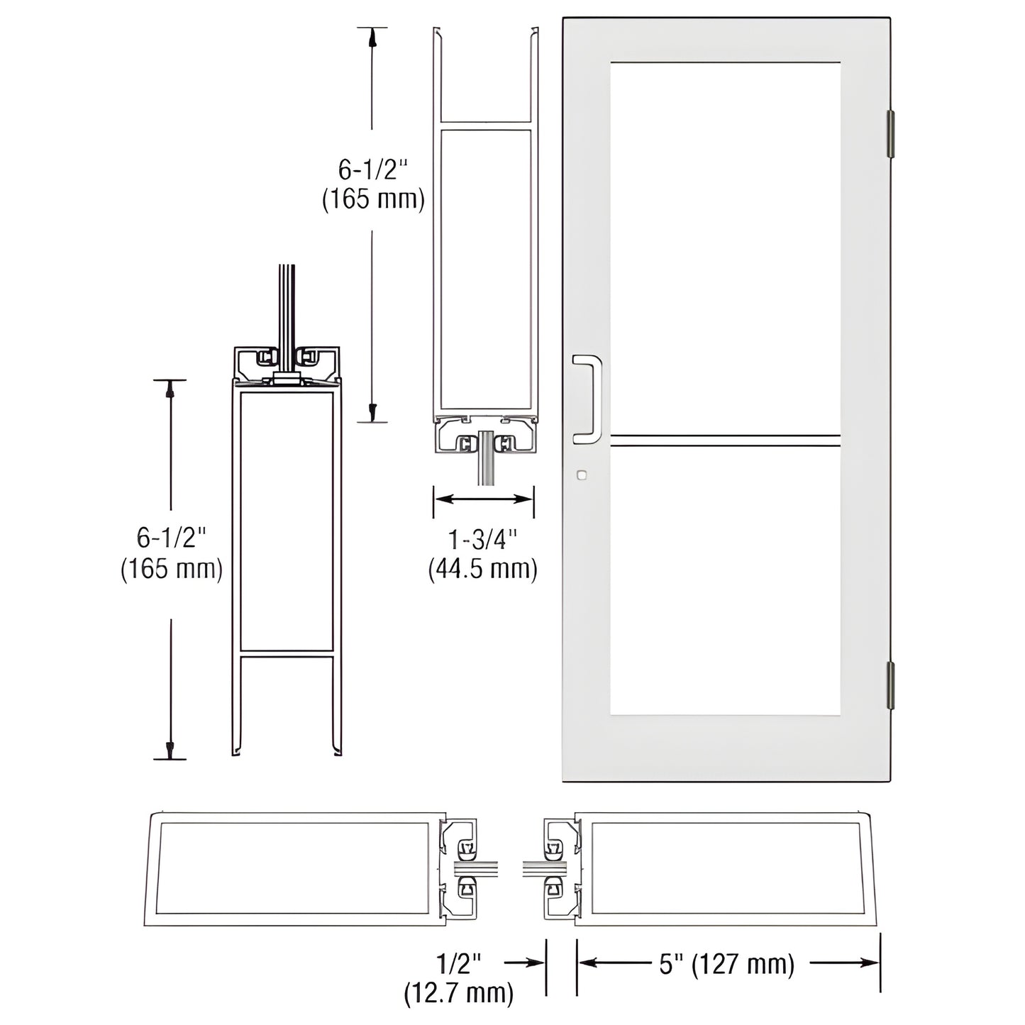 Custom Wide Stile Entrance Door DC51452, White Kynar finish, glass panel, push/pull hardware shown, dimensional diagram.