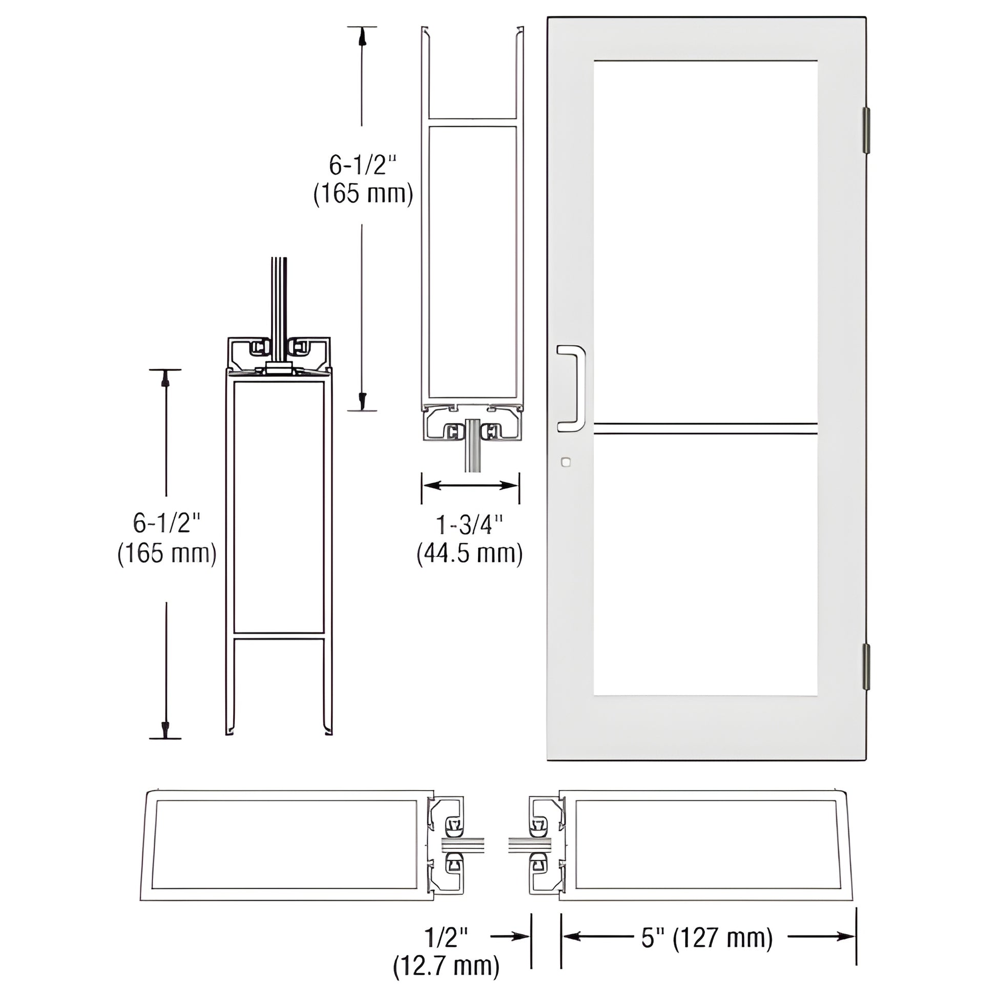 Custom Wide Stile Entrance Door DC51452, White Kynar finish, glass panel, push/pull hardware shown, dimensional diagram.