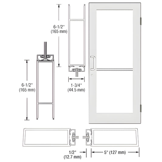 Custom Wide Stile Entrance Door DC51452, White Kynar finish, glass panel, push/pull hardware shown, dimensional diagram.