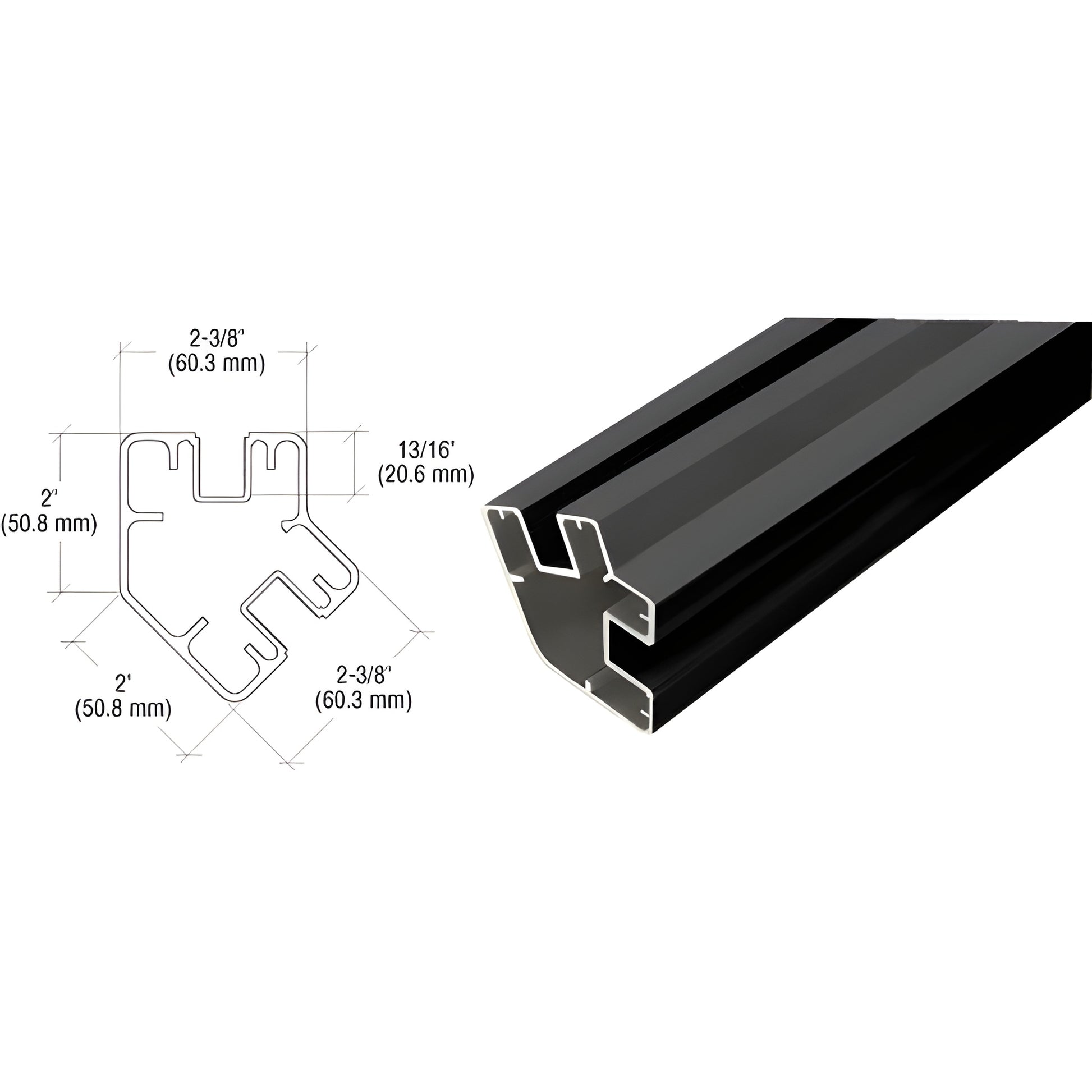 Matte black aluminum windscreen post (SKU SP5241BL), rectangular 2" 2-3/8" profile, 13/16" depth, 241" length