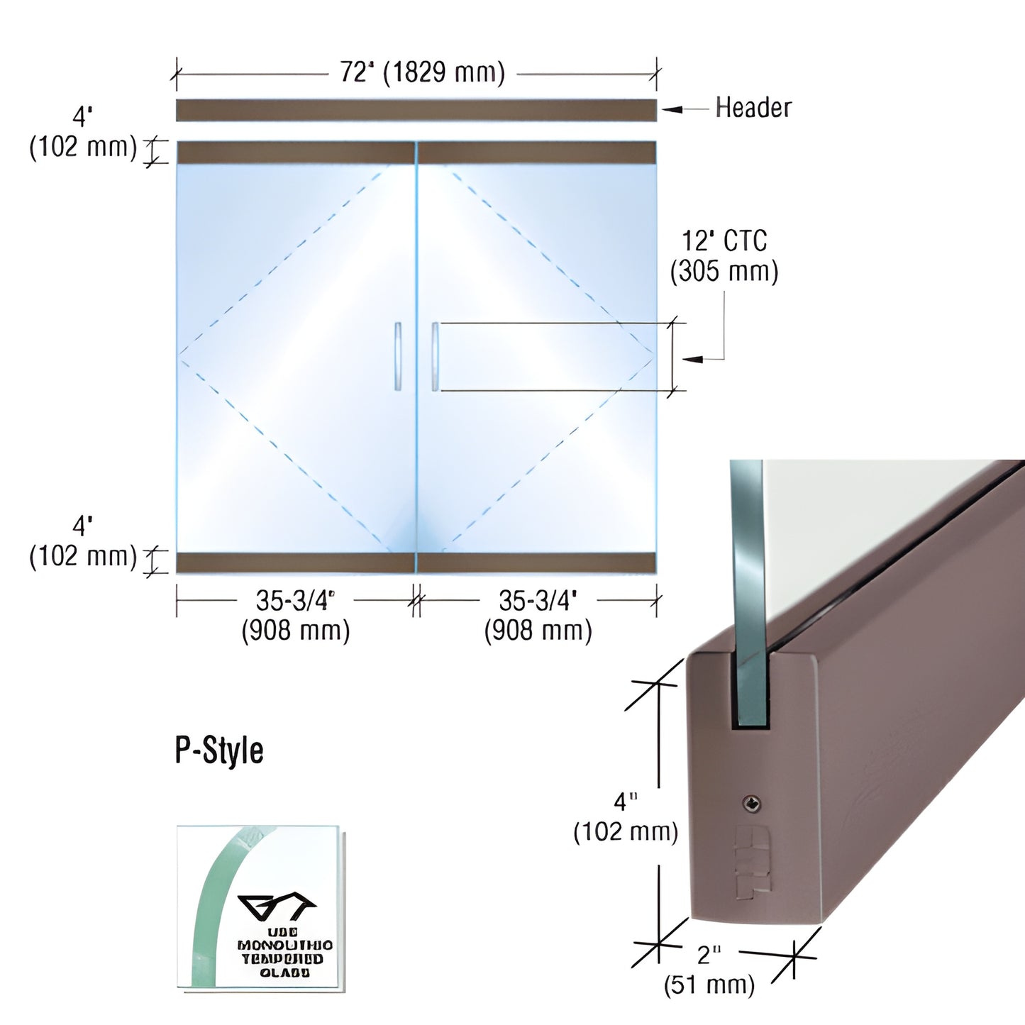 P-style frameless glass double-door kit with black bronze anodized aluminum rails for 1/2" (12mm) tempered glass