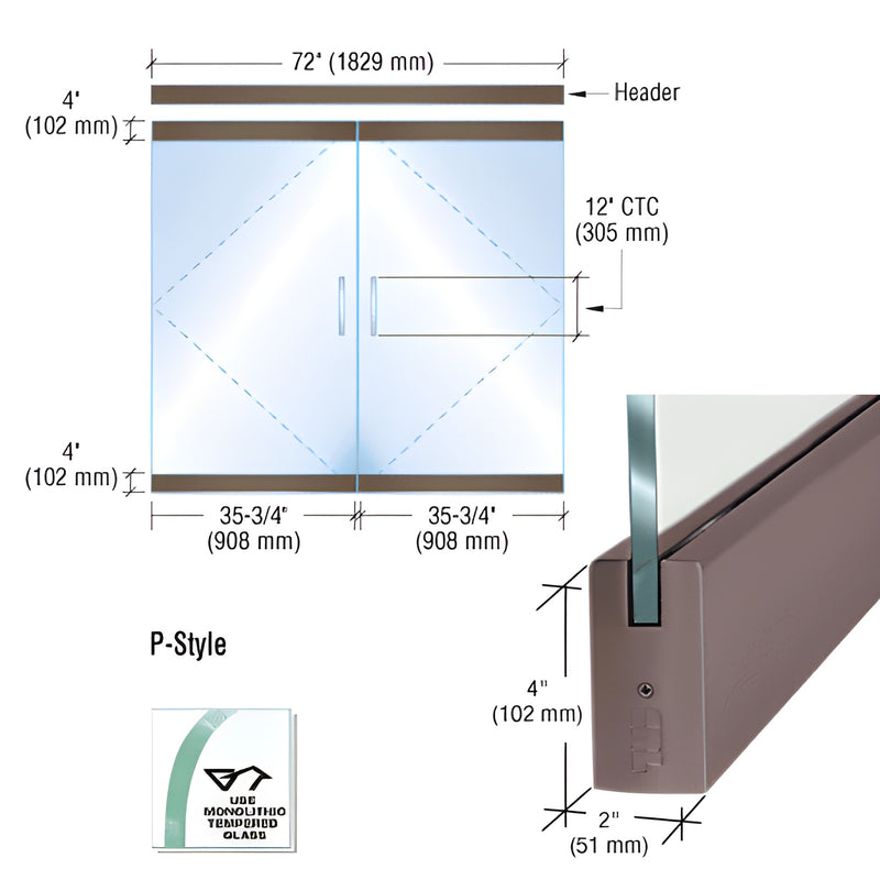 P-style frameless glass double-door kit with black bronze anodized aluminum rails for 1/2" (12mm) tempered glass