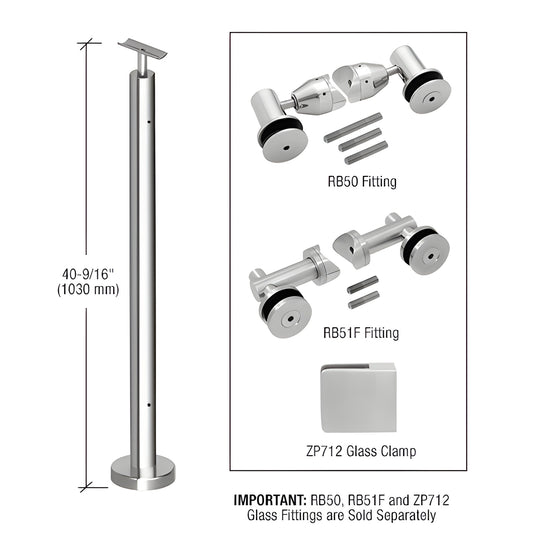 Stainless steel surface-mounted post railing kit (SKU P7F42CPS), 40-9/16" tall round post with base plate and cover.