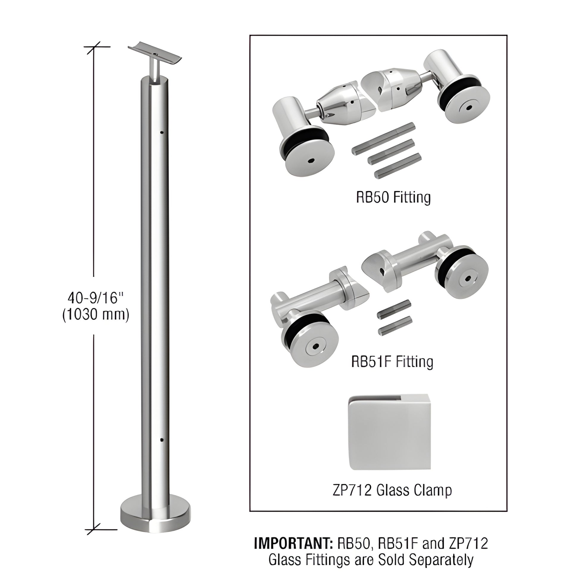 Polished stainless steel surface-mounted post railing kit (SKU P7F42EPS), 40-9/16" (1030 mm) tall with round base plate