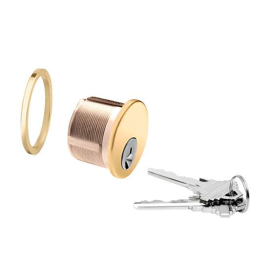 Polished brass 5-pin mortise cylinder with trim ring and three keys, Schlage C keyway (SKU DRA10KDPB)