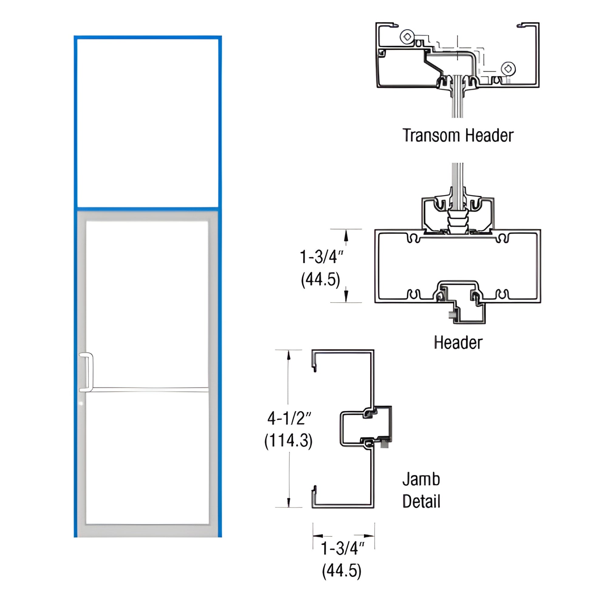 CRL Complete Frame (SKU 0B61571) clear anodized aluminum door frame with transom and jamb/header detail drawings.
