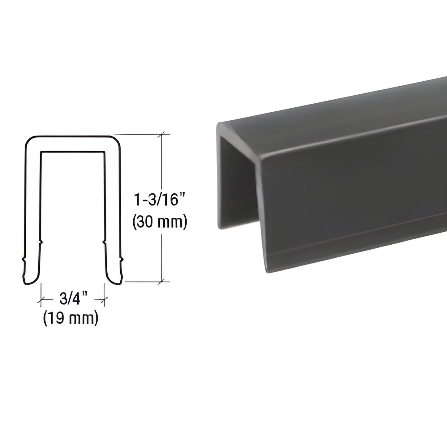 GR7PV black rigid vinyl cap-rail insert, U-channel profile, 3/4" (19mm) wide 1 3/16" (30mm) tall for glass railing