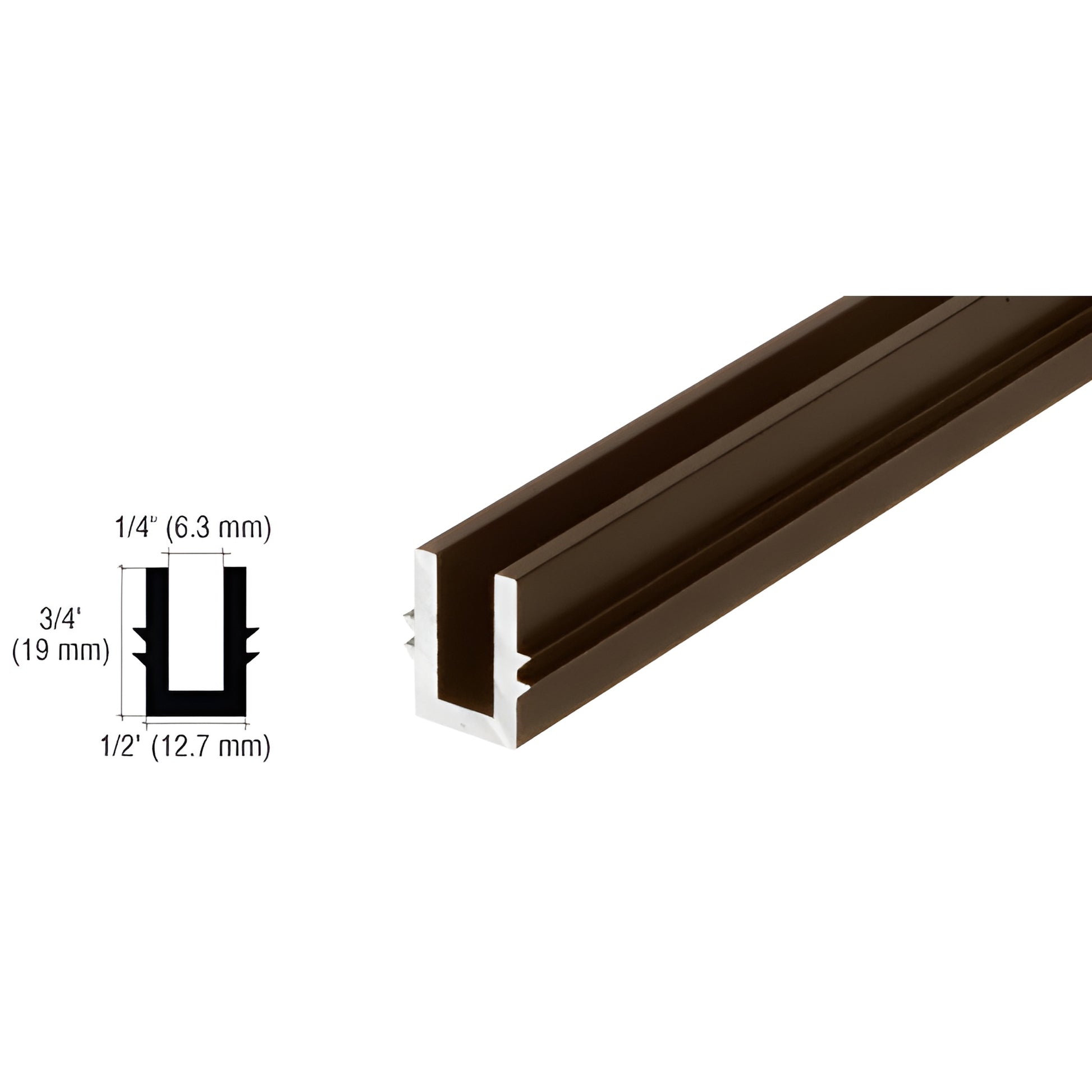 Black bronze anodized U-shaped guide channel SKU 0TBR120DU, 3/4" H 1/2" W recessed track, angled close-up.