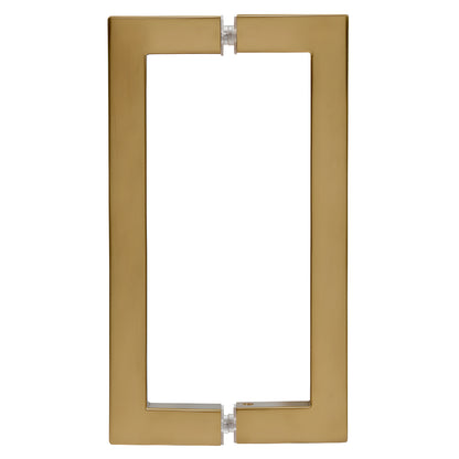 Brushed bronze square corner rectangular back to back door pull (brass), fits 1/4-1/2" glass, SKU SQ8X8BBRZ