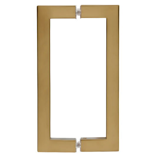 Brushed bronze square corner rectangular back to back door pull (brass), fits 1/4-1/2" glass, SKU SQ8X8BBRZ