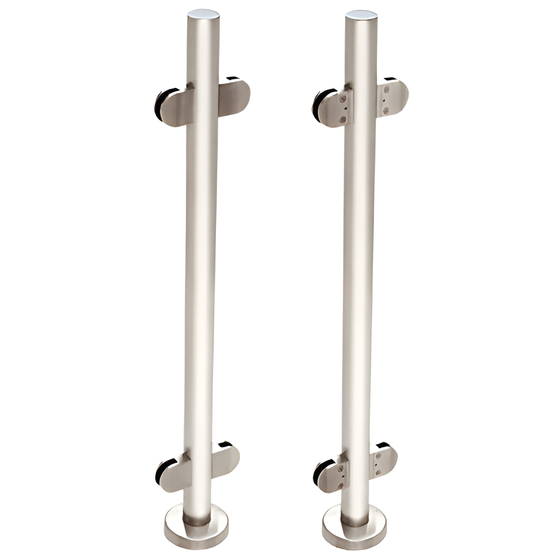Polished stainless steel 1-1/2" P-series glass railing posts with clamp fittings and round base plates, SKU PR1540CPS