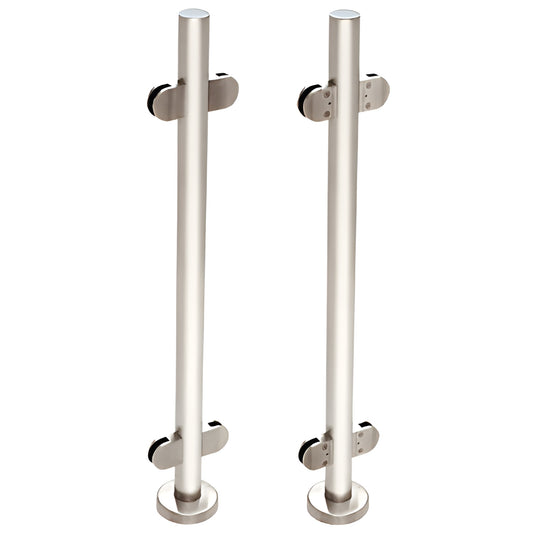 Polished stainless steel 1-1/2" P-series glass railing posts with clamp fittings and round base plates, SKU PR1540CPS