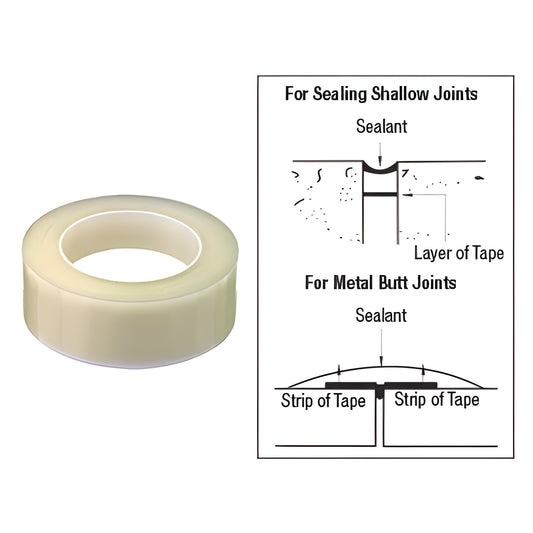 Clear bond-breaker tape roll (SKU 827T1), 1 in 108 ft, with diagram showing use for shallow and metal butt joints