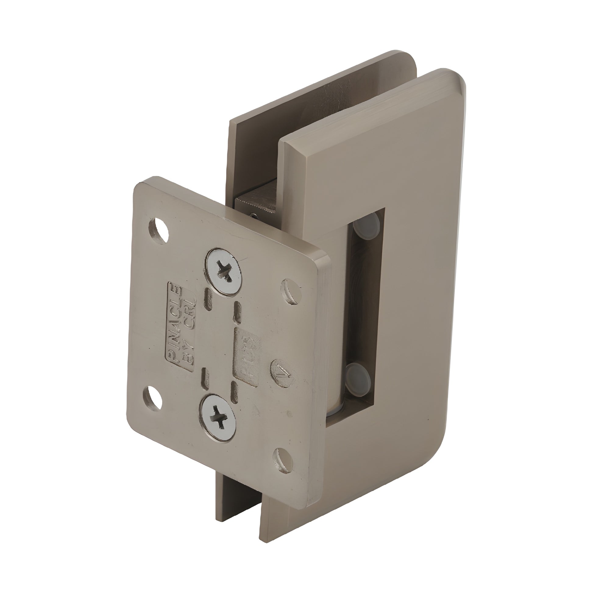 Brushed bronze brass Pinnacle shower hinge (SKU P1N074BBRZ), short back plate, beveled edge, fits 8-12mm tempered glass.