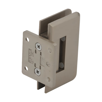Brushed bronze brass Pinnacle shower hinge (SKU P1N074BBRZ), short back plate, beveled edge, fits 8-12mm tempered glass.