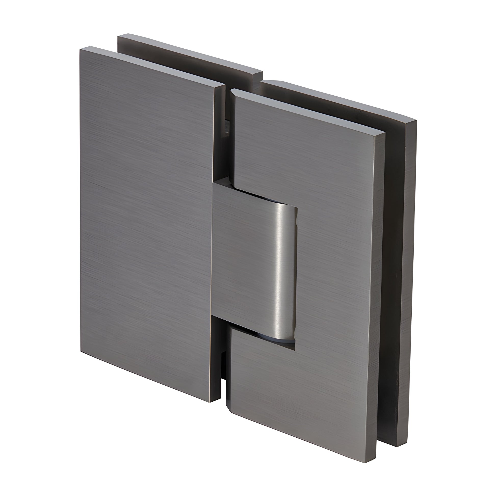 Brushed nickel Vienna adjustable glass-to-glass shower hinge, squared brass design for 3/8-1/2" glass (SKU V1E380BN)