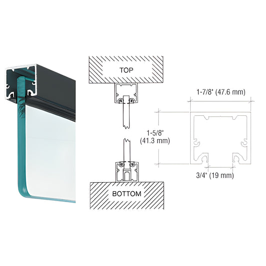 NH2BL240 gloss black aluminum narrow header/U channel for 3/8-1/2 (10-12mm) glass, 1-5/8 high with technical drawing.