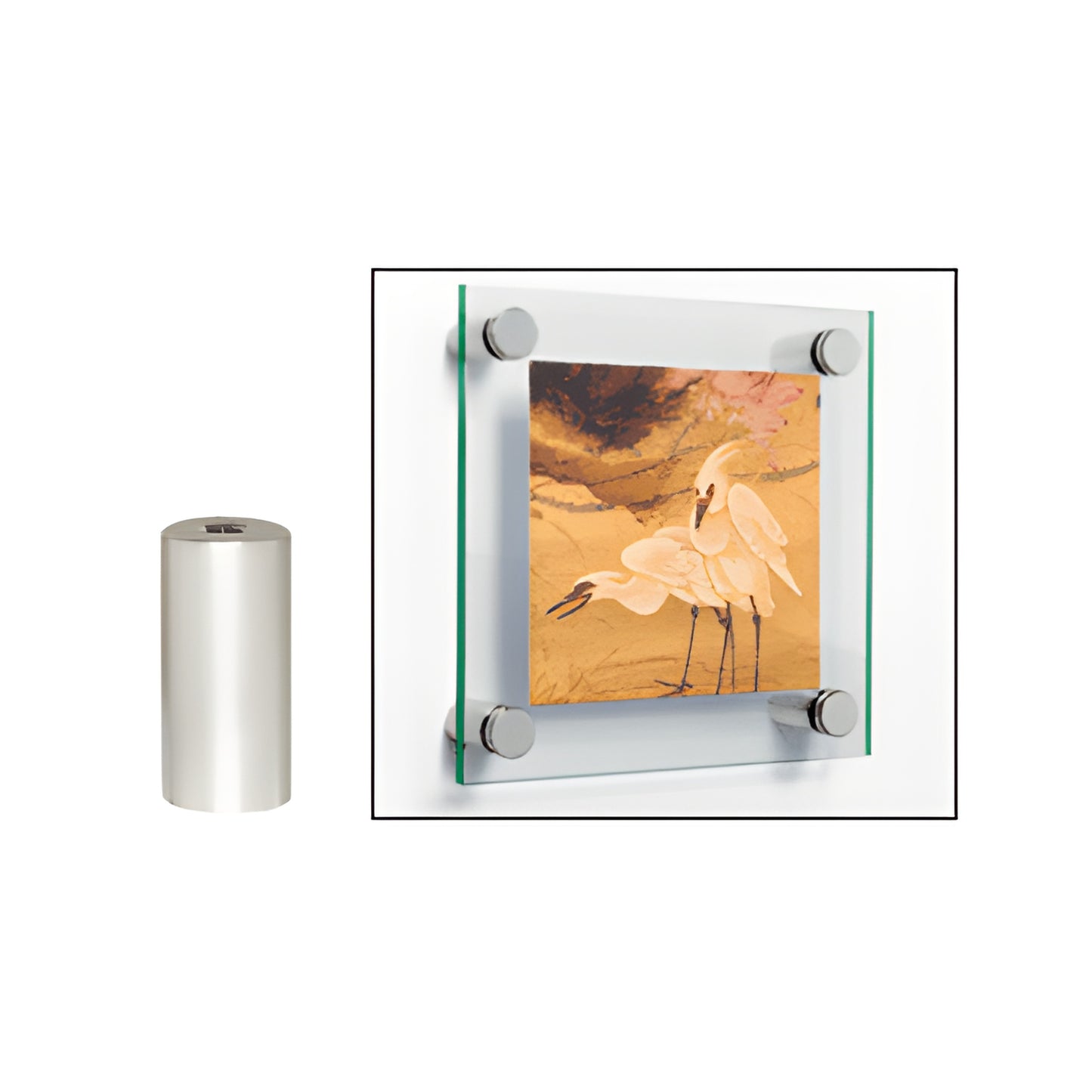 Satin chrome 3/4 in round standoff (SKU S0B34112SC) with mounted glass sign, 1-1/2 in length.