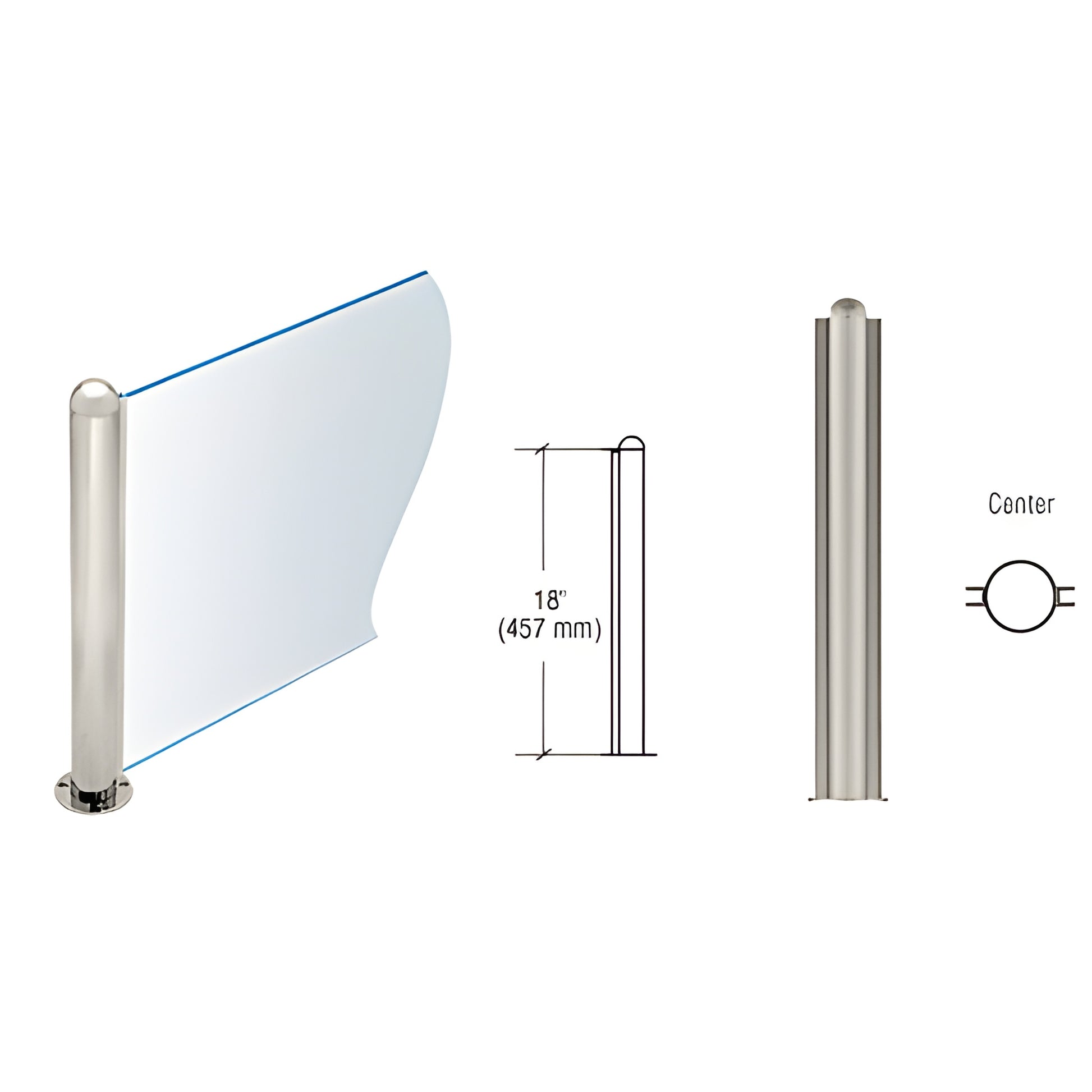 18 in stainless steel round partition post (PP09CBS) with dome cap, welded flange base and 1/4 in U channel for glass