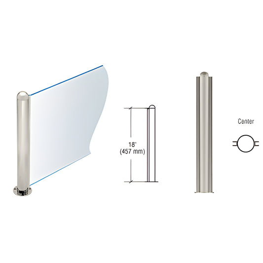 18 in stainless steel round partition post (PP09CBS) with dome cap, welded flange base and 1/4 in U channel for glass