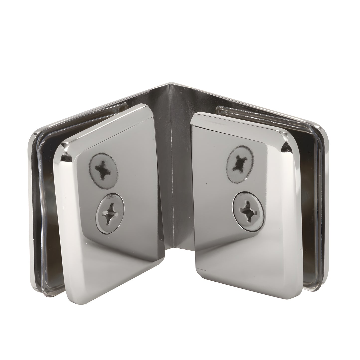 BGC90PN polished nickel beveled 90 glass-to-glass clamp for 3/8 to 1/2 in frameless shower panels.