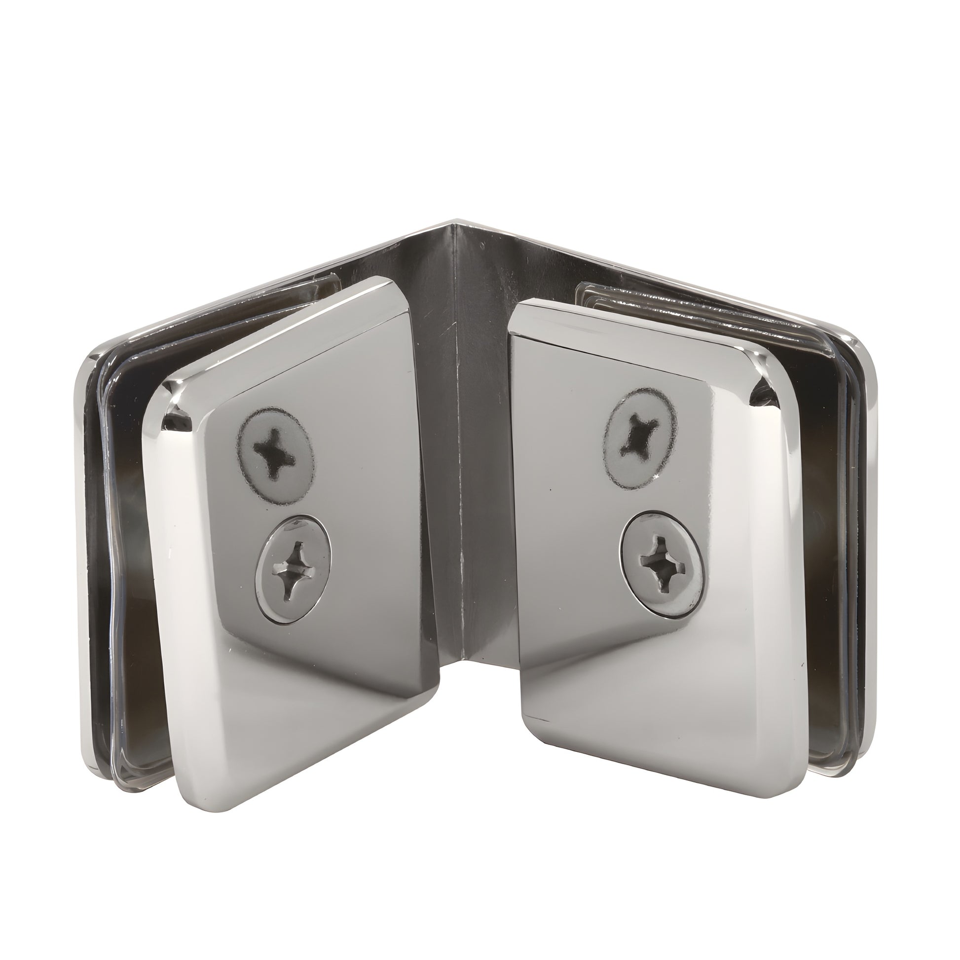 BGC90PN polished nickel beveled 90 glass-to-glass clamp for 3/8 to 1/2 in frameless shower panels.