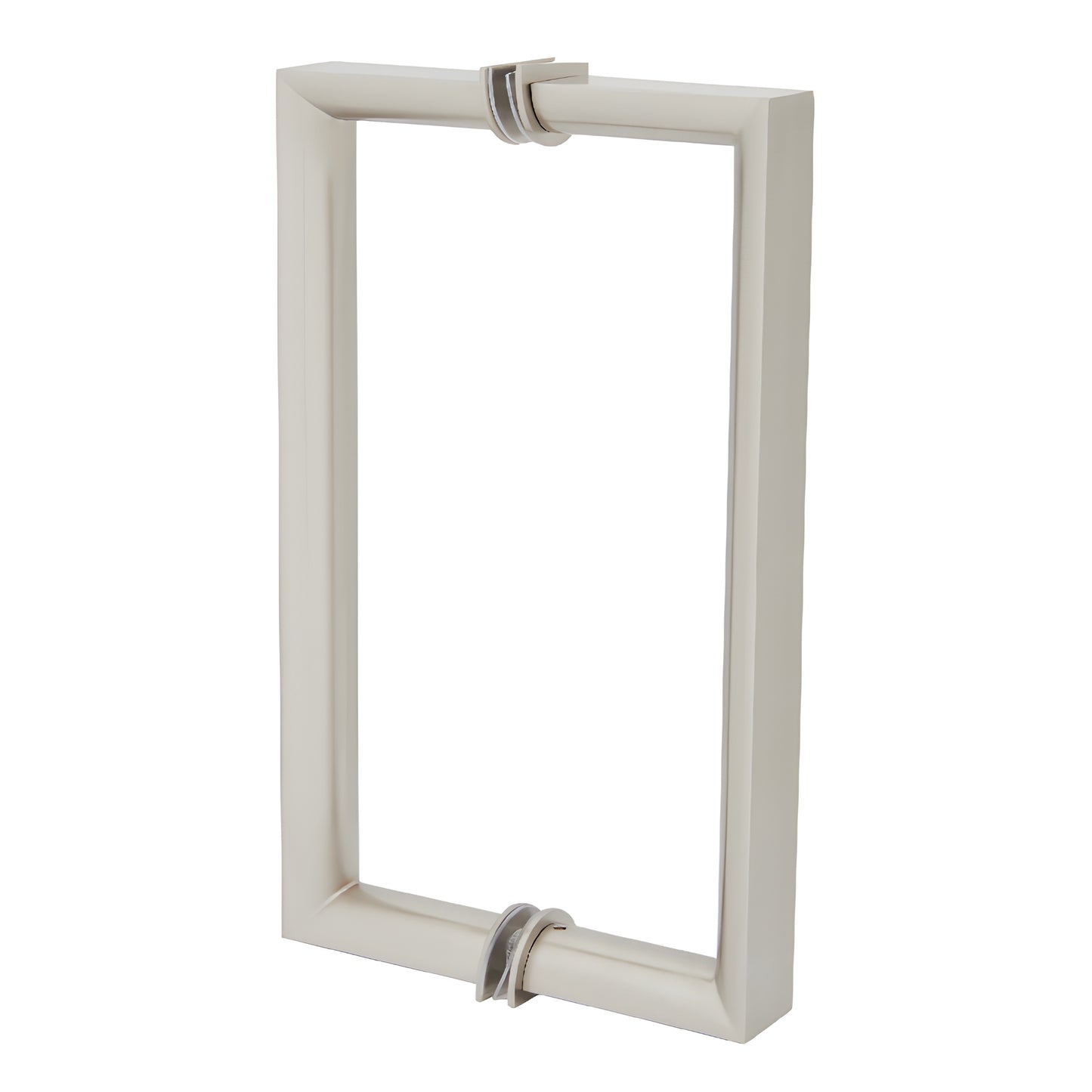 Brushed nickel RM8X8BN back-to-back rectangular glass pull handle, 3/4 in brass tube, round inner grip, 8 in c-c.
