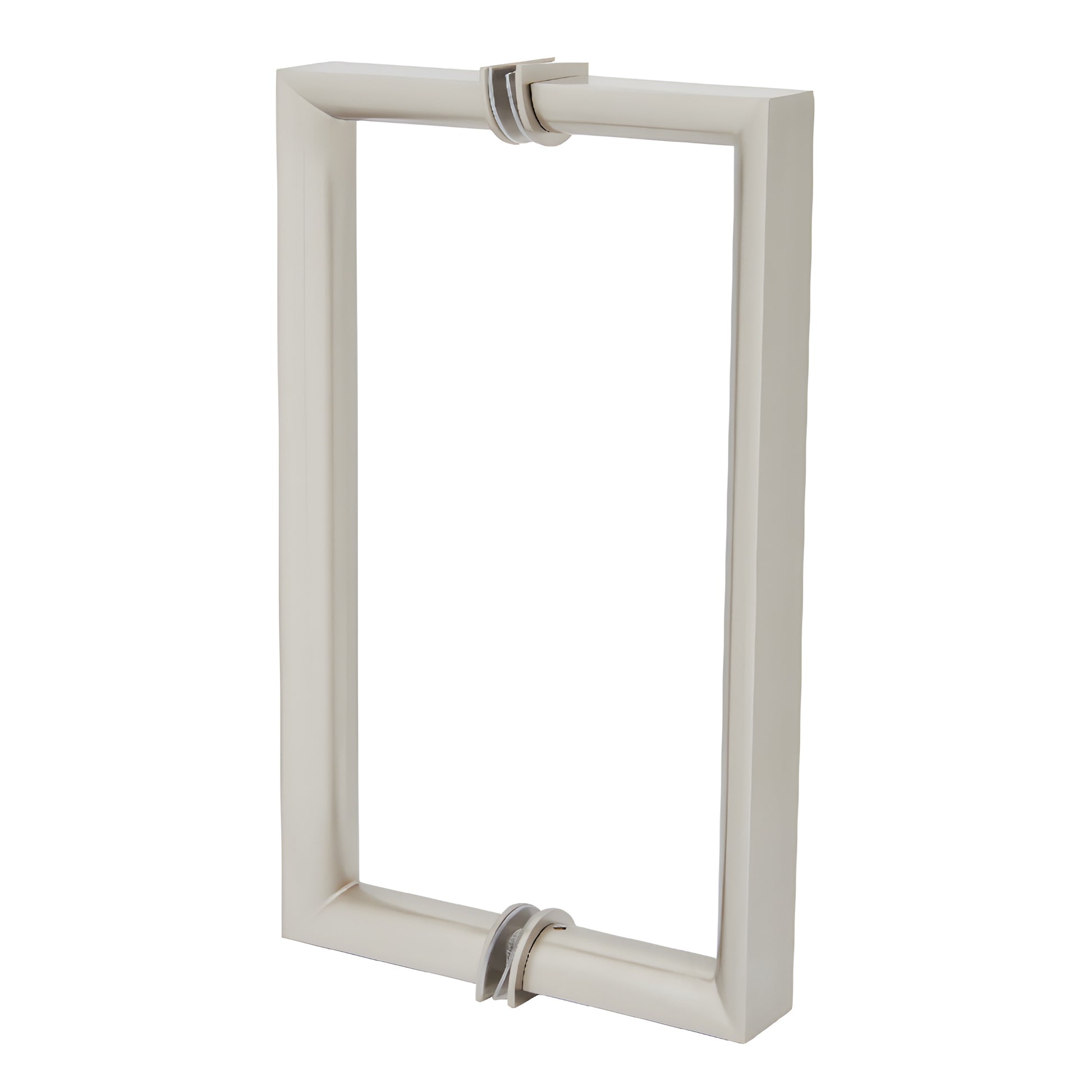 Brushed nickel RM8X8BN back-to-back rectangular glass pull handle, 3/4 in brass tube, round inner grip, 8 in c-c.