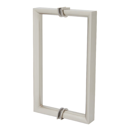 Brushed nickel RM8X8BN back-to-back rectangular glass pull handle, 3/4 in brass tube, round inner grip, 8 in c-c.