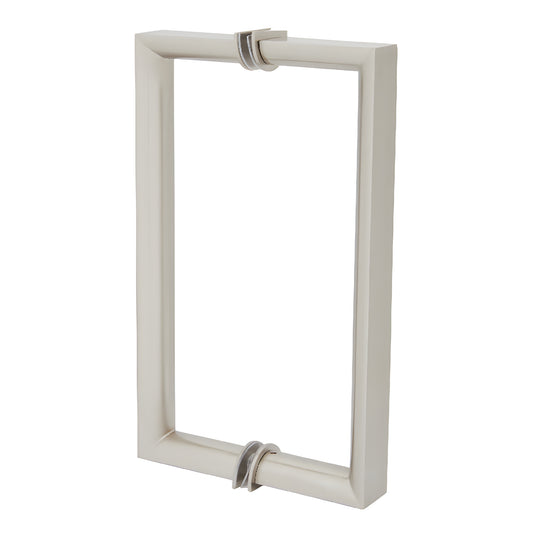Brushed nickel RM8X8BN back-to-back rectangular glass pull handle, 3/4 in brass tube, round inner grip, 8 in c-c.