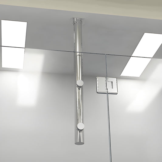 Polished chrome 33 in tubular ceiling-mounted vertical post with two round clamps supporting frameless shower glass (VPK33CH)