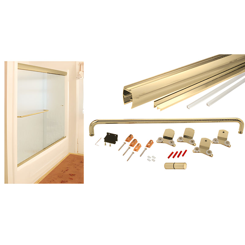 Brite Gold top-hung sliding bathtub shower door kit with glass, gold towel bar, extrusions and hardware (CK386060BGA)