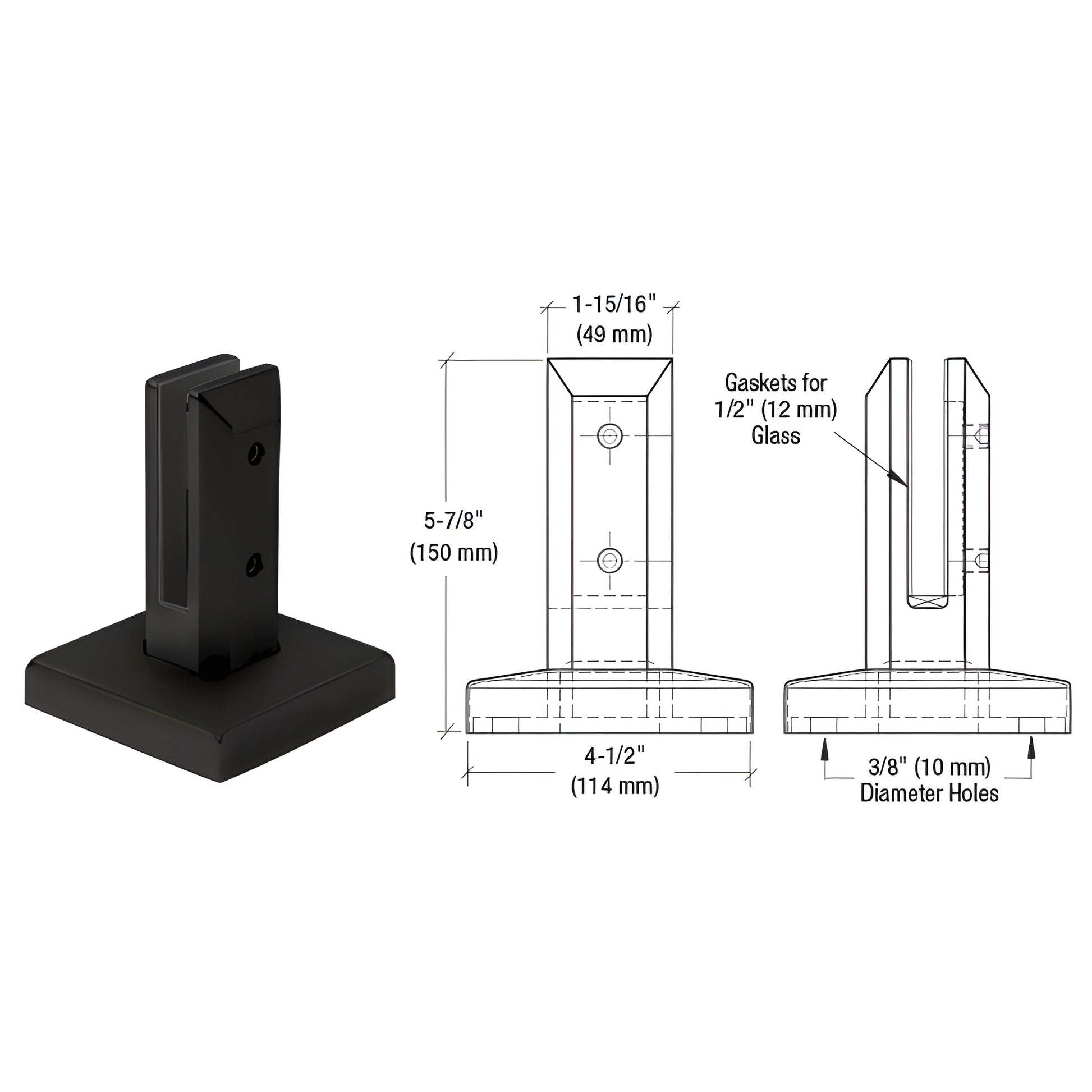 Matte black square surface-mount glass spigot, 4-1/2" base, fits 12mm tempered glass, SKU FWCS20MBL