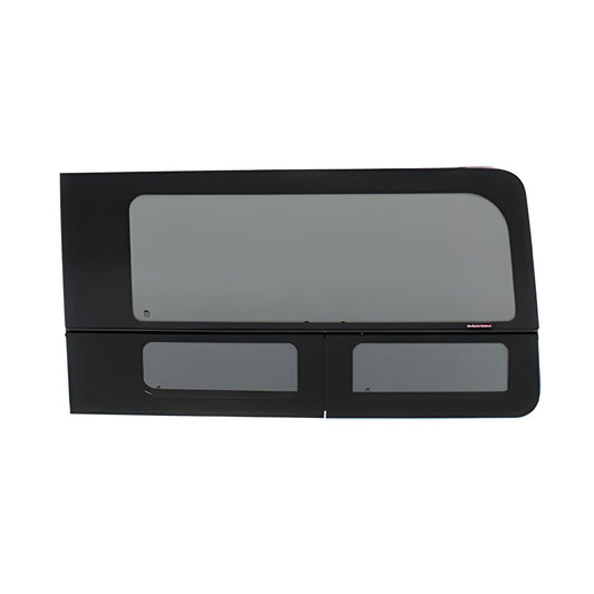 FW293R Ford Transit passenger sliding door all-glass single T-vent window, dark gray privacy glass, OEM-style