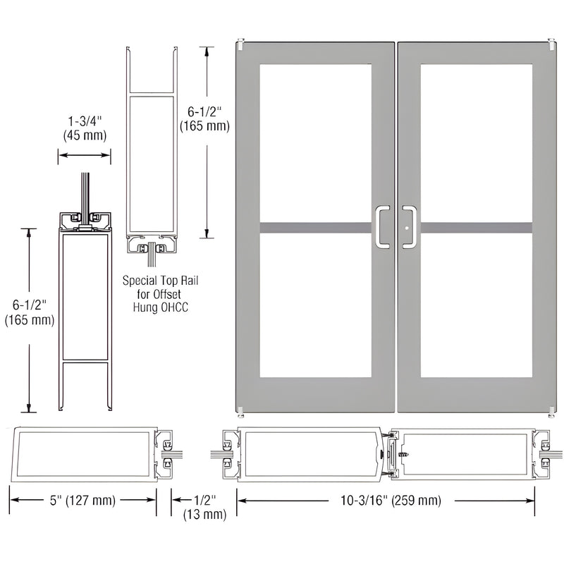 DZ52111 clear-anodized wide-stile double entrance door drawing with glass panels and panic-pull hardware.
