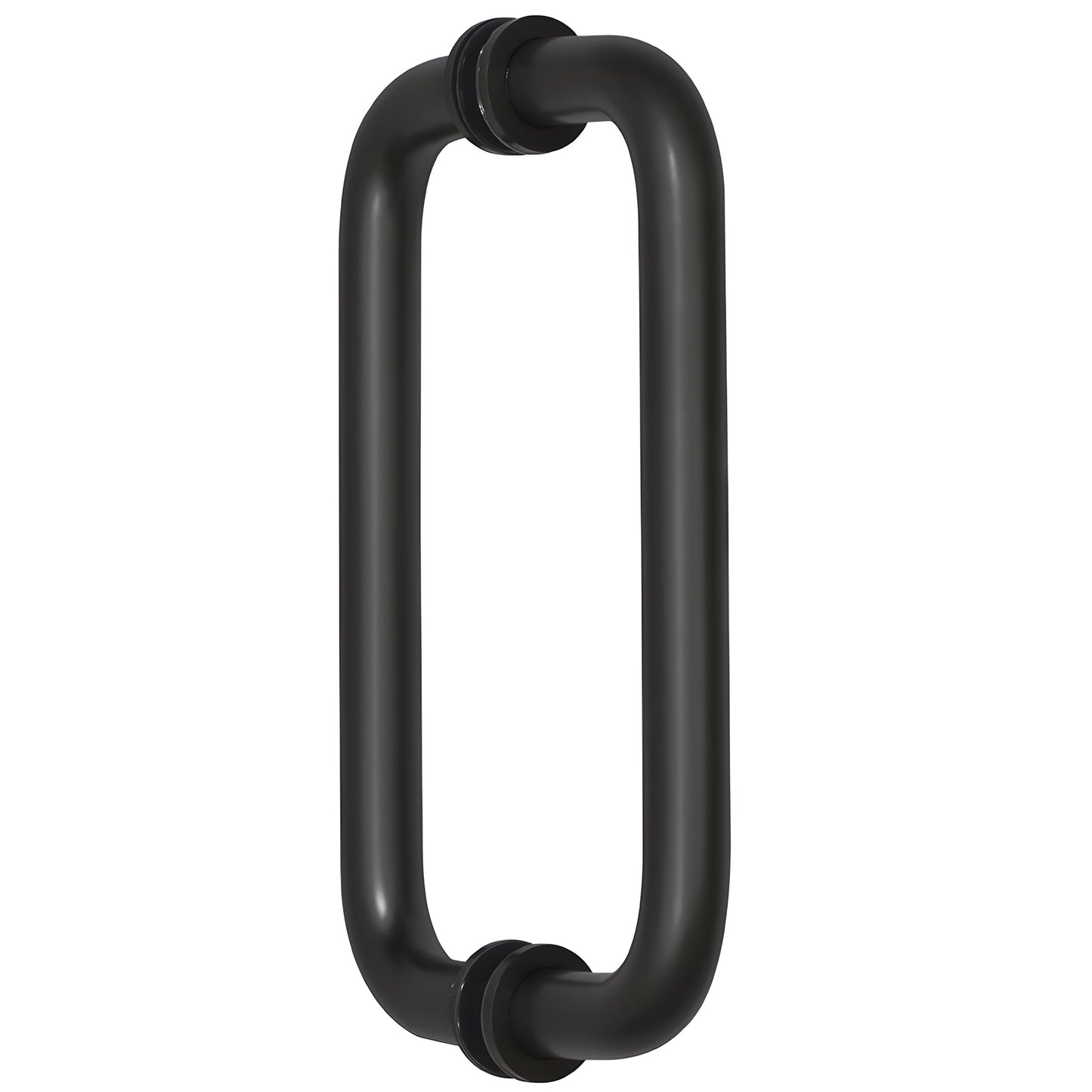Matte black back-to-back tubular brass door pull handle, 8" center-to-center with decorative washers (SKU BM8X8MBL)