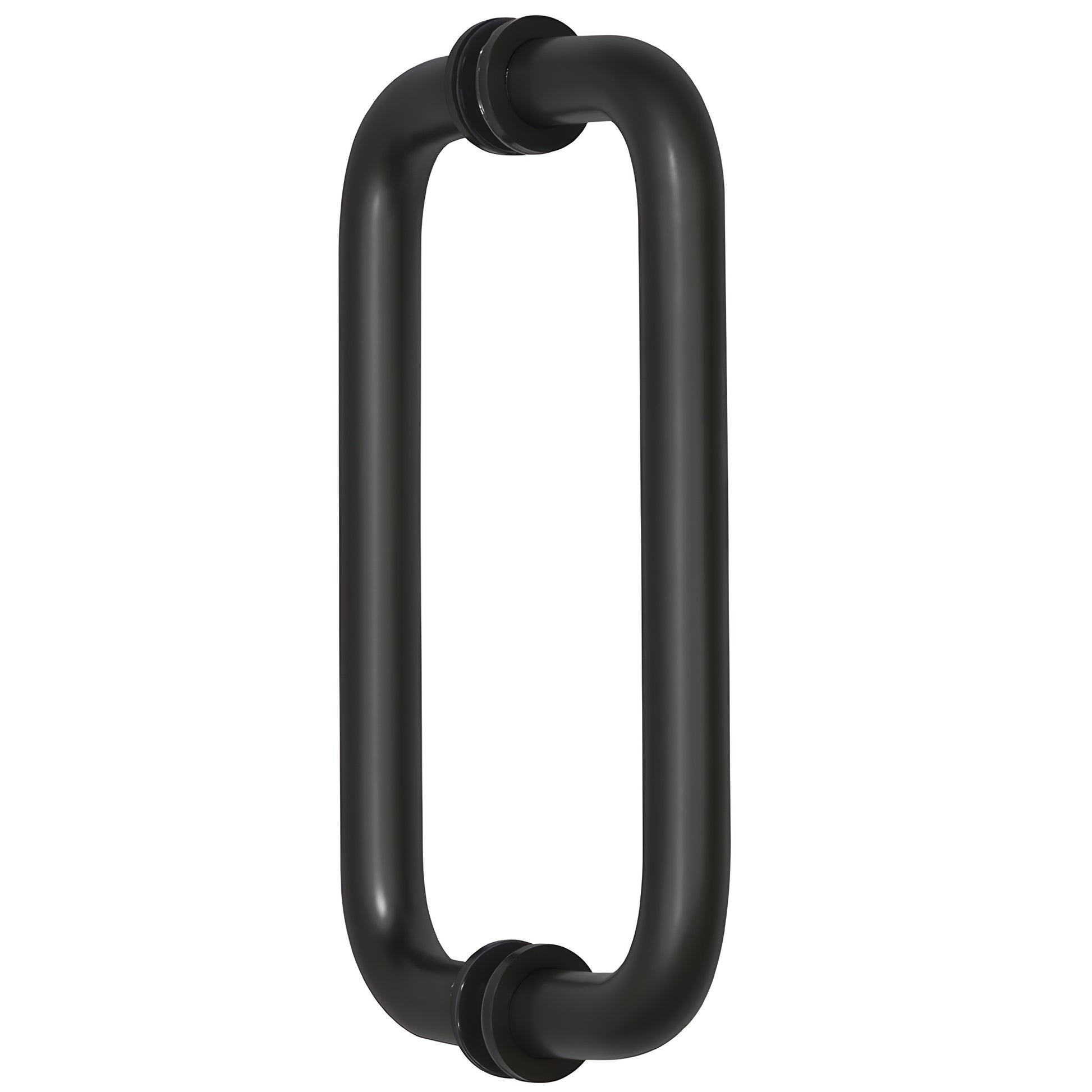 Matte black back-to-back tubular brass door pull handle, 8" center-to-center with decorative washers (SKU BM8X8MBL)